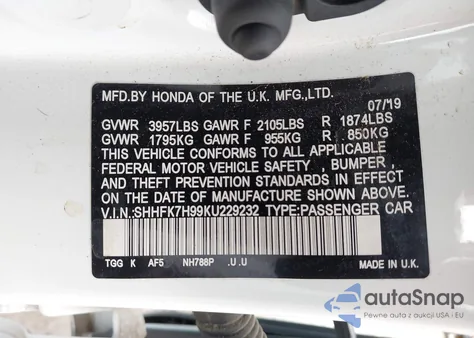 2019 Honda Civic Sport Touring from USA, damaged, VIN SHHFK7H99KU229232